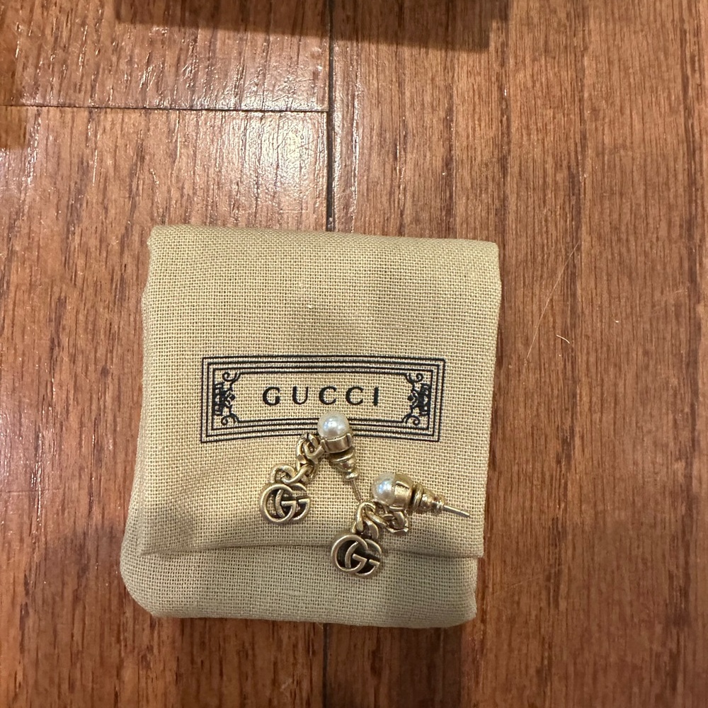 Gucci Gold and Pearl Logo Earrings